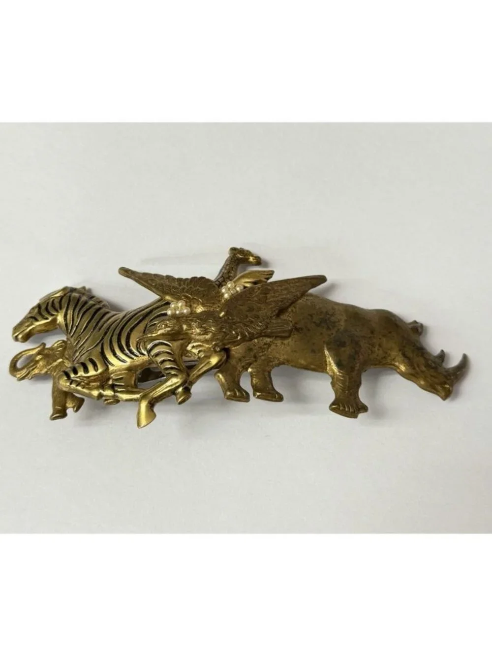 Stampede Safari Hair Clip 5” Barrette Brass Made in France Rhino Zebra Elephant